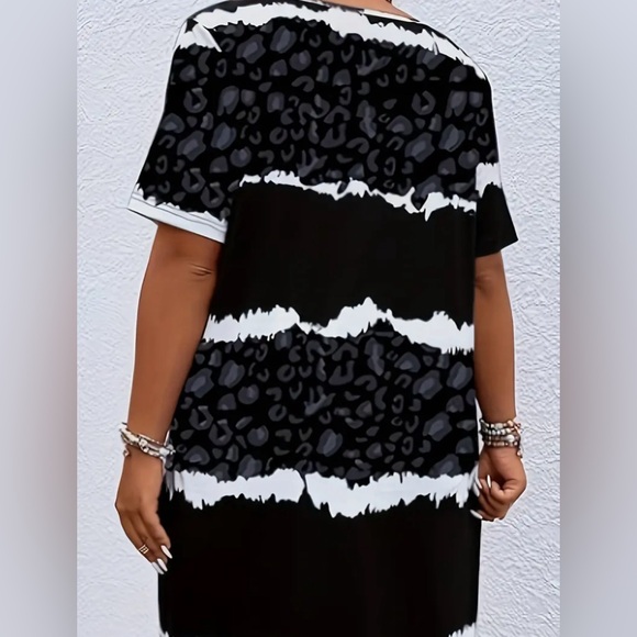 996 ❤️ 1X Plus Size Leopard & Irregular Stripe Print Dress Casual V Neck - Picture 2 of 6
